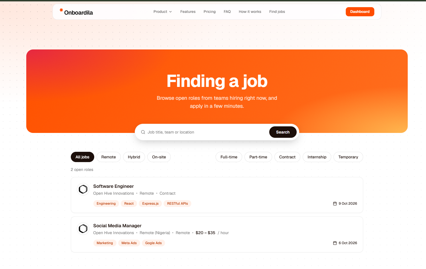 The Onboardila job board with search, remote, hybrid and on-site filters and open roles